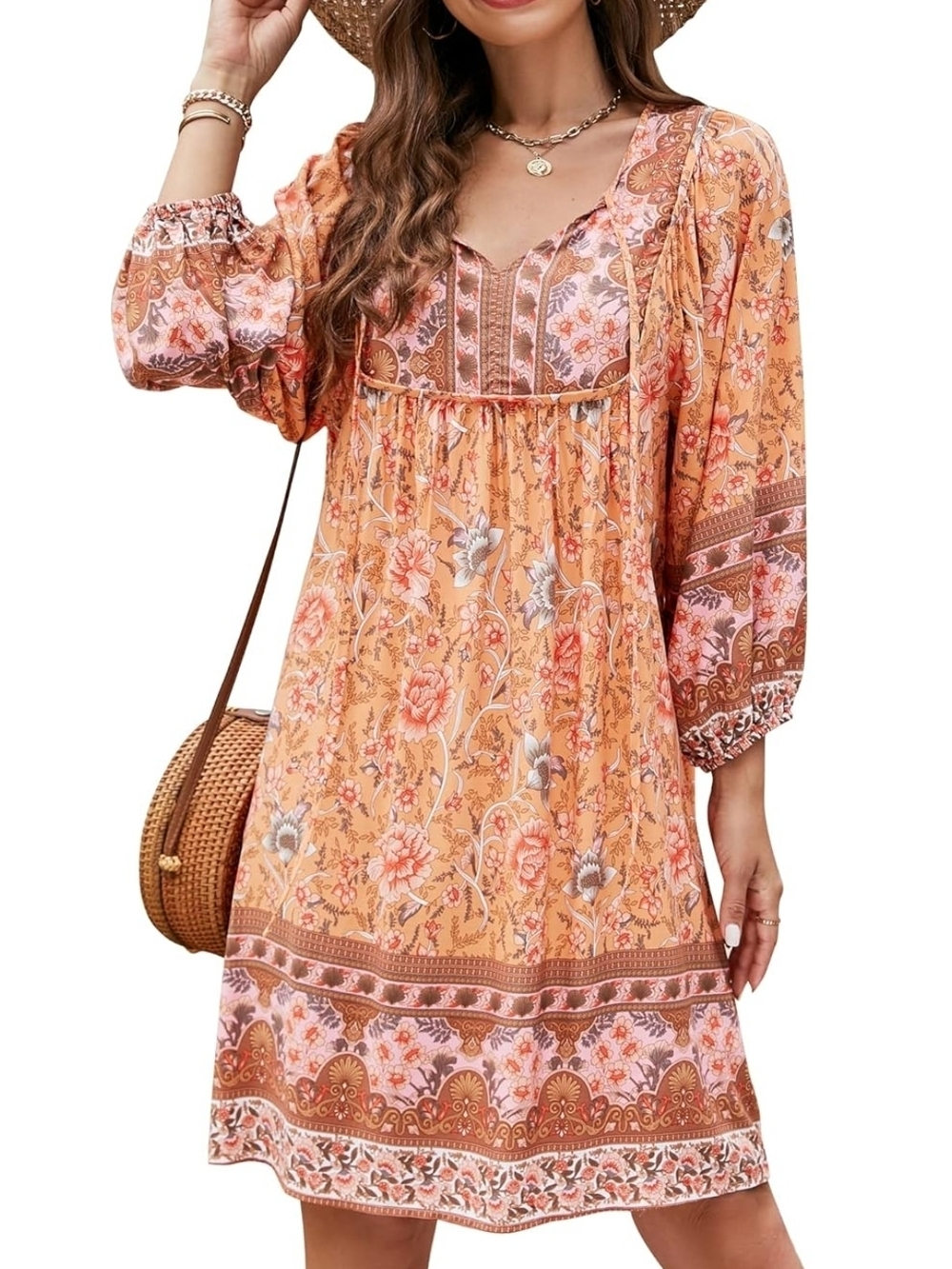 Boho Peach Floral Mini Dress with V-Neck - Women's